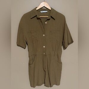 Zara Olive Short-Sleeve Button Down Romper, Patch Pocket Size M